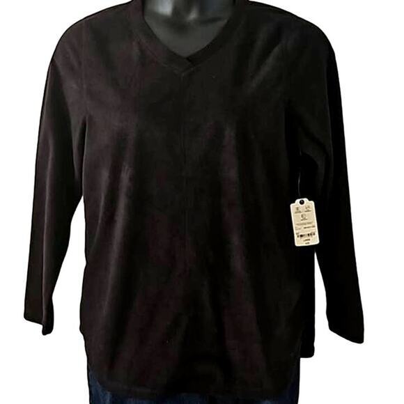 NWT St. John’s Bay Black Polar Fleece V-Neck Pullover Sweatshirt Size Large - Picture 2 of 5